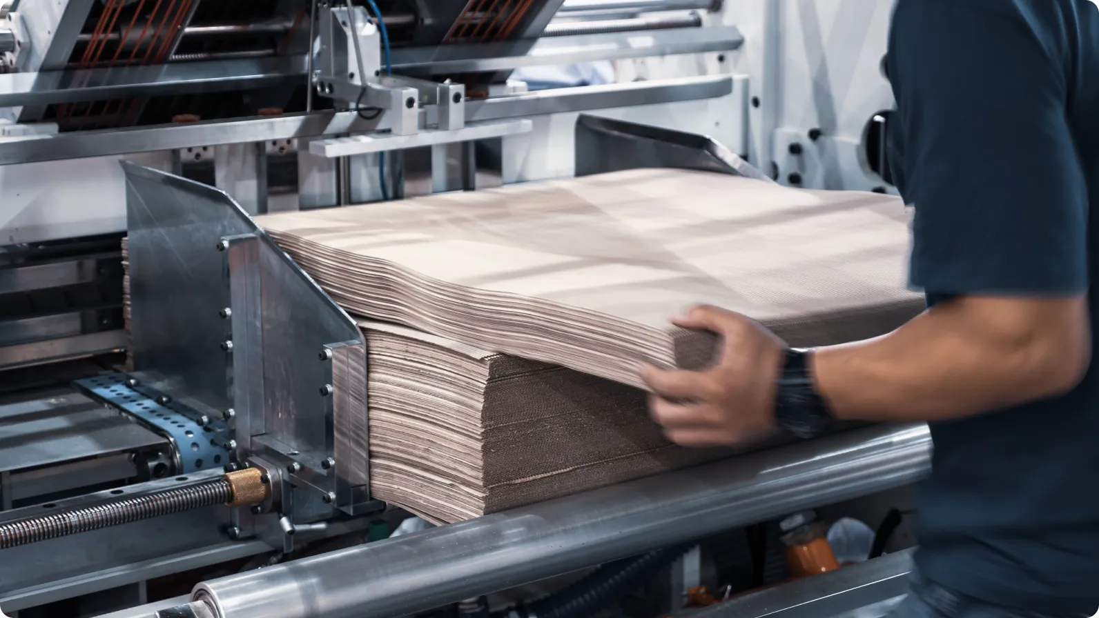 A man is working on a corrugated box machine in what seems to be a logistics business.